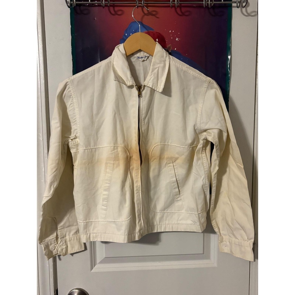 Master Jac Mens Cream Utility Jacket Full Zip Pockets Casual Workwear 60s Medium